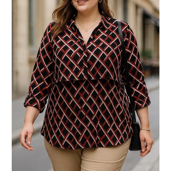 CATO Black and Red Print Overlap Front V-Neck Top - Plus Size 18/20W - Picture 1 of 10